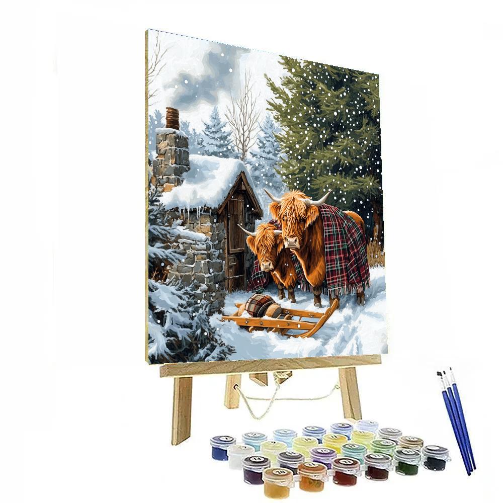 Highland Cow Herd At The Snowy Bothy Number painting