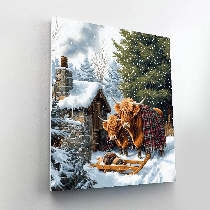 Highland Cow Herd At The Snowy Bothy Number painting