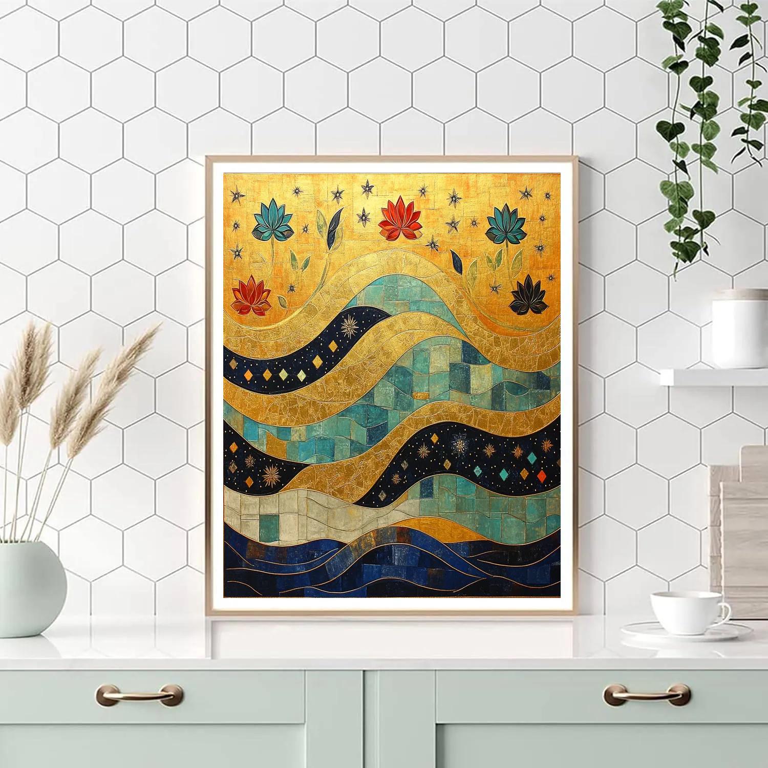Gustav Klimt Inspired Celestial Lotus River Surface Number painting