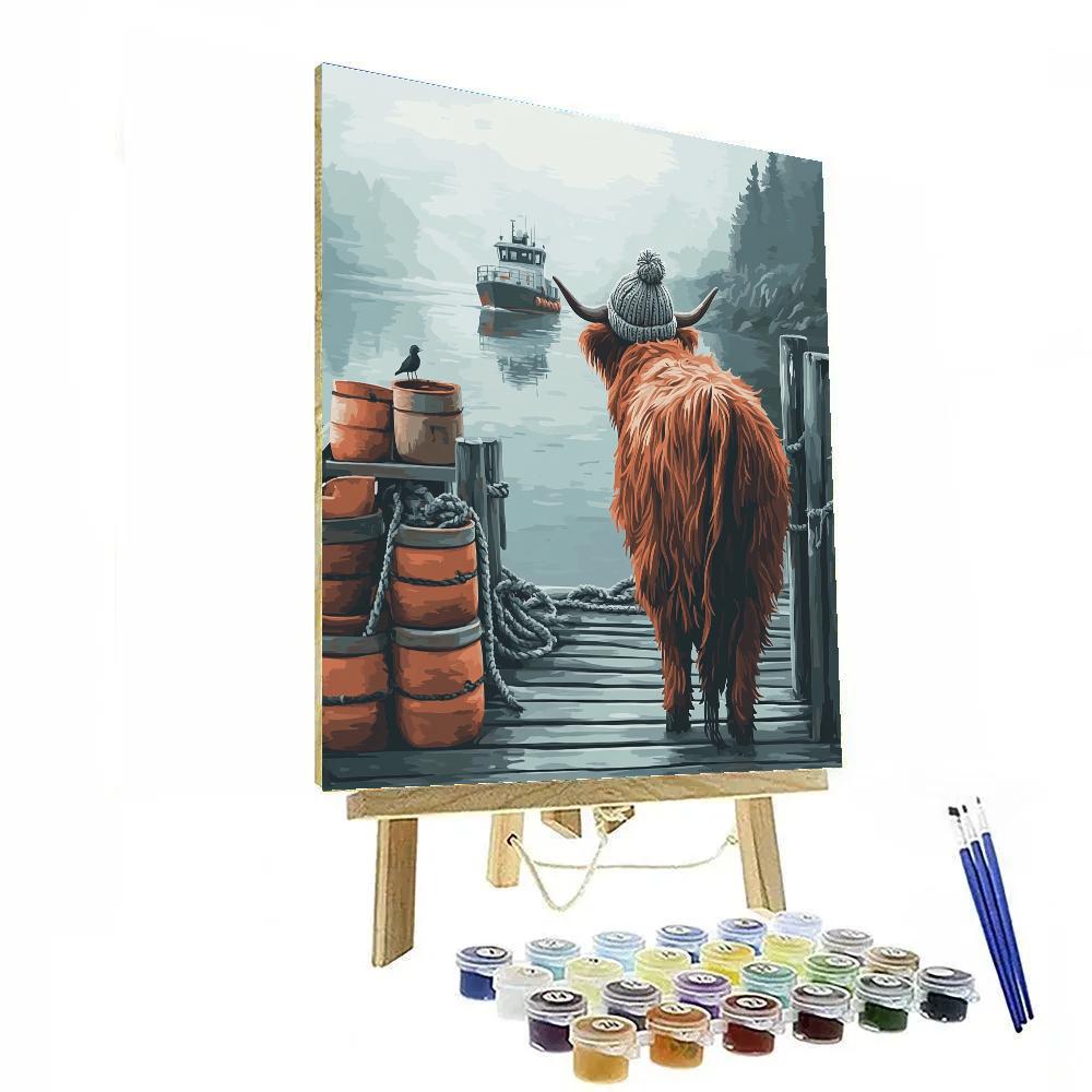 Highland Cow On A Ferry Pier Morning Paint by numbers kits