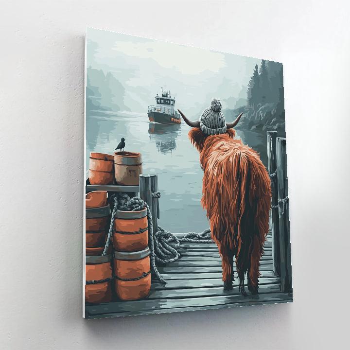 Highland Cow On A Ferry Pier Morning Paint by numbers kits