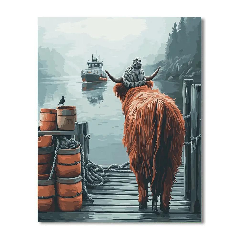 Highland Cow On A Ferry Pier Morning Paint by numbers kits