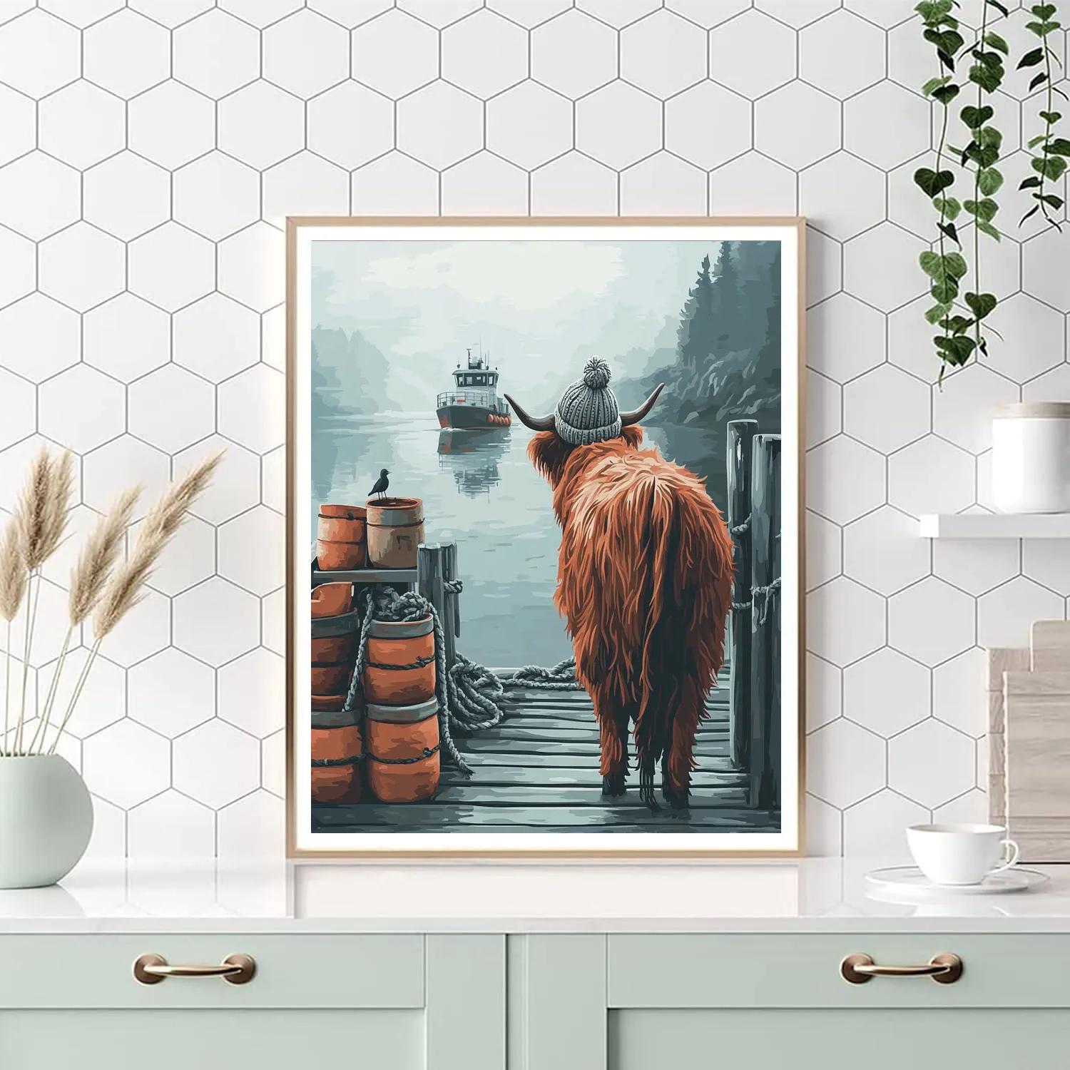 Highland Cow On A Ferry Pier Morning Paint by numbers kits