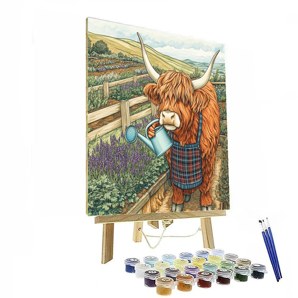 Highland Cow Garden Helper With Watering Can paint by numbers