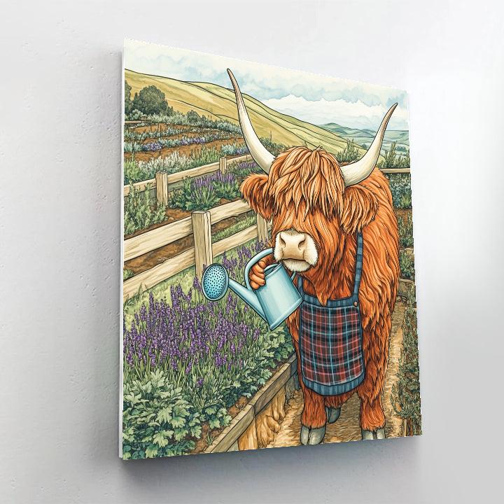 Highland Cow Garden Helper With Watering Can paint by numbers