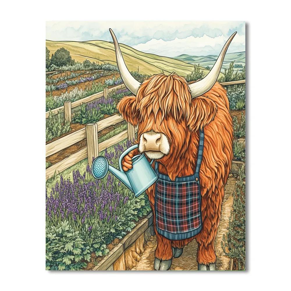 Highland Cow Garden Helper With Watering Can paint by numbers