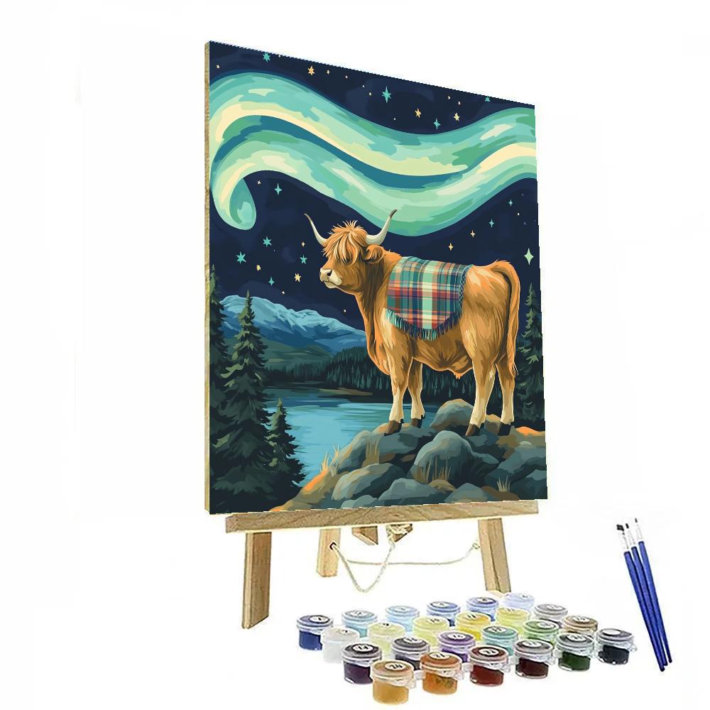 Highland Cow Under The Northern Lights Highlands paint by color