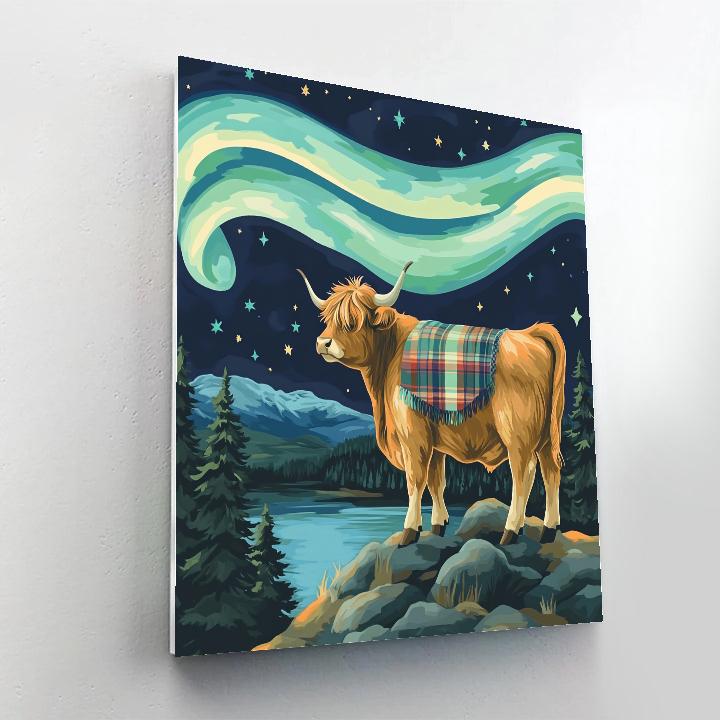 Highland Cow Under The Northern Lights Highlands paint by color