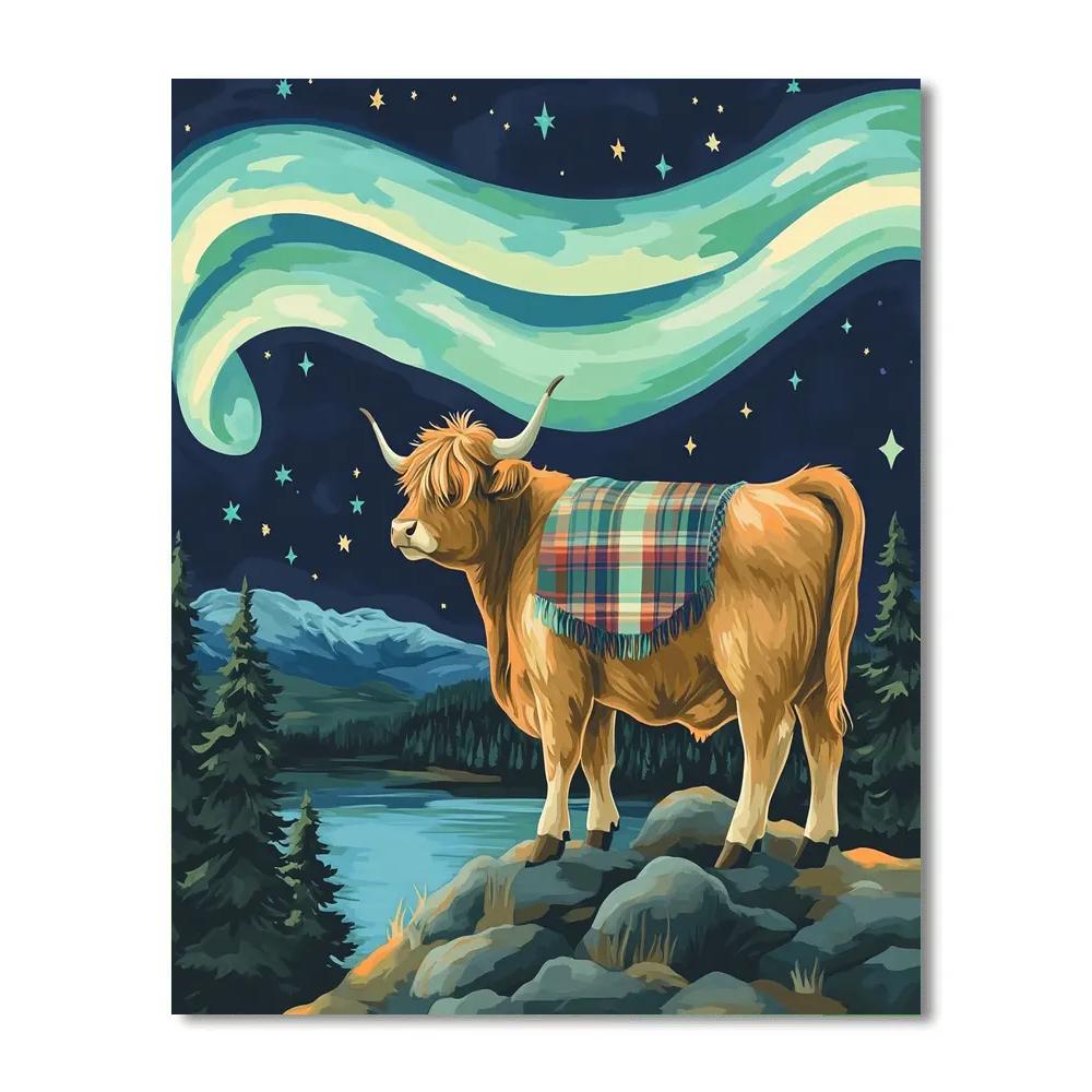 Highland Cow Under The Northern Lights Highlands paint by color
