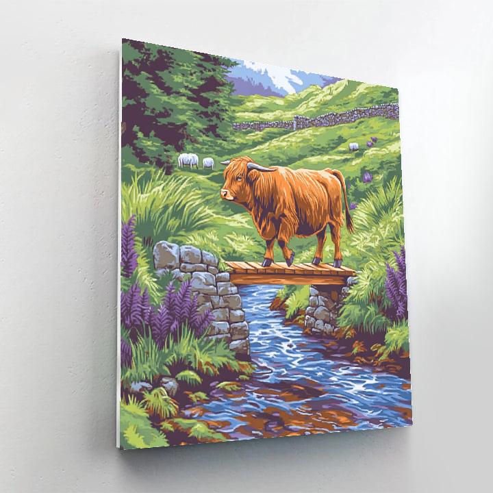 Highland Cow Crossing The Heather Bridge Paint by numbers kits