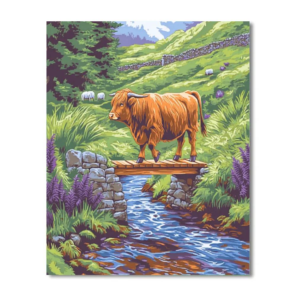Highland Cow Crossing The Heather Bridge Paint by numbers kits