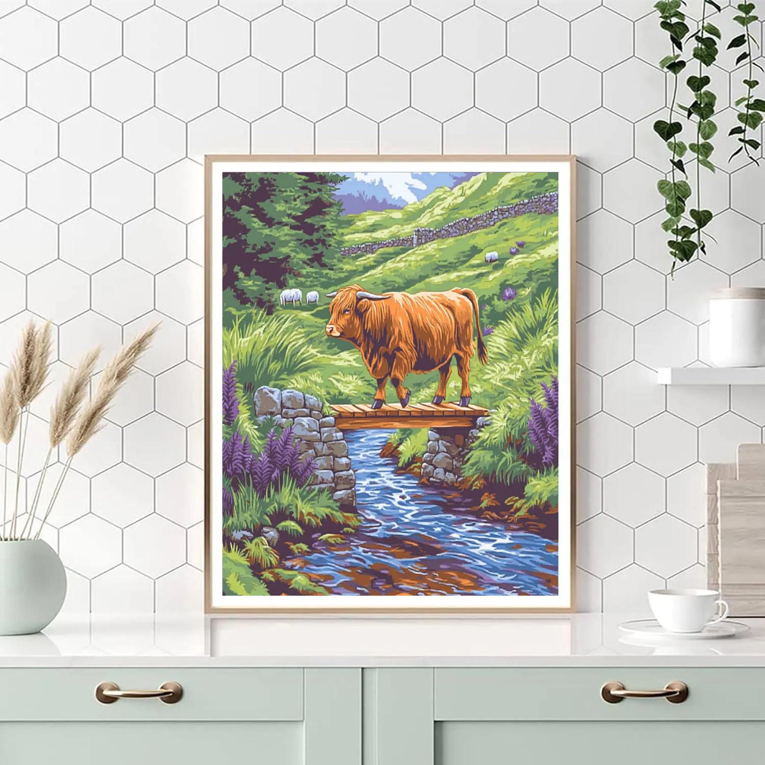 Highland Cow Crossing The Heather Bridge Paint by numbers kits