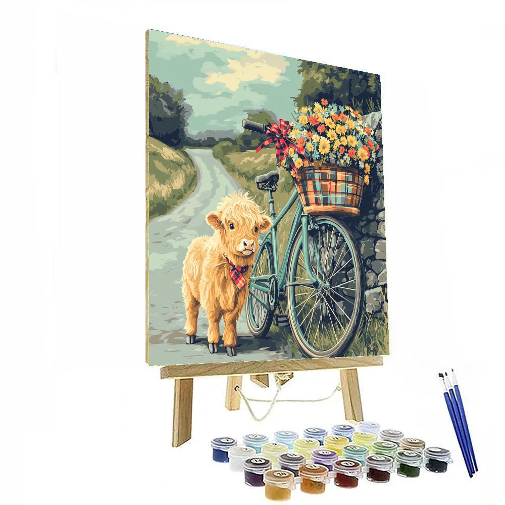 Highland Cow In Wildflower Bicycle Basket painting number kit