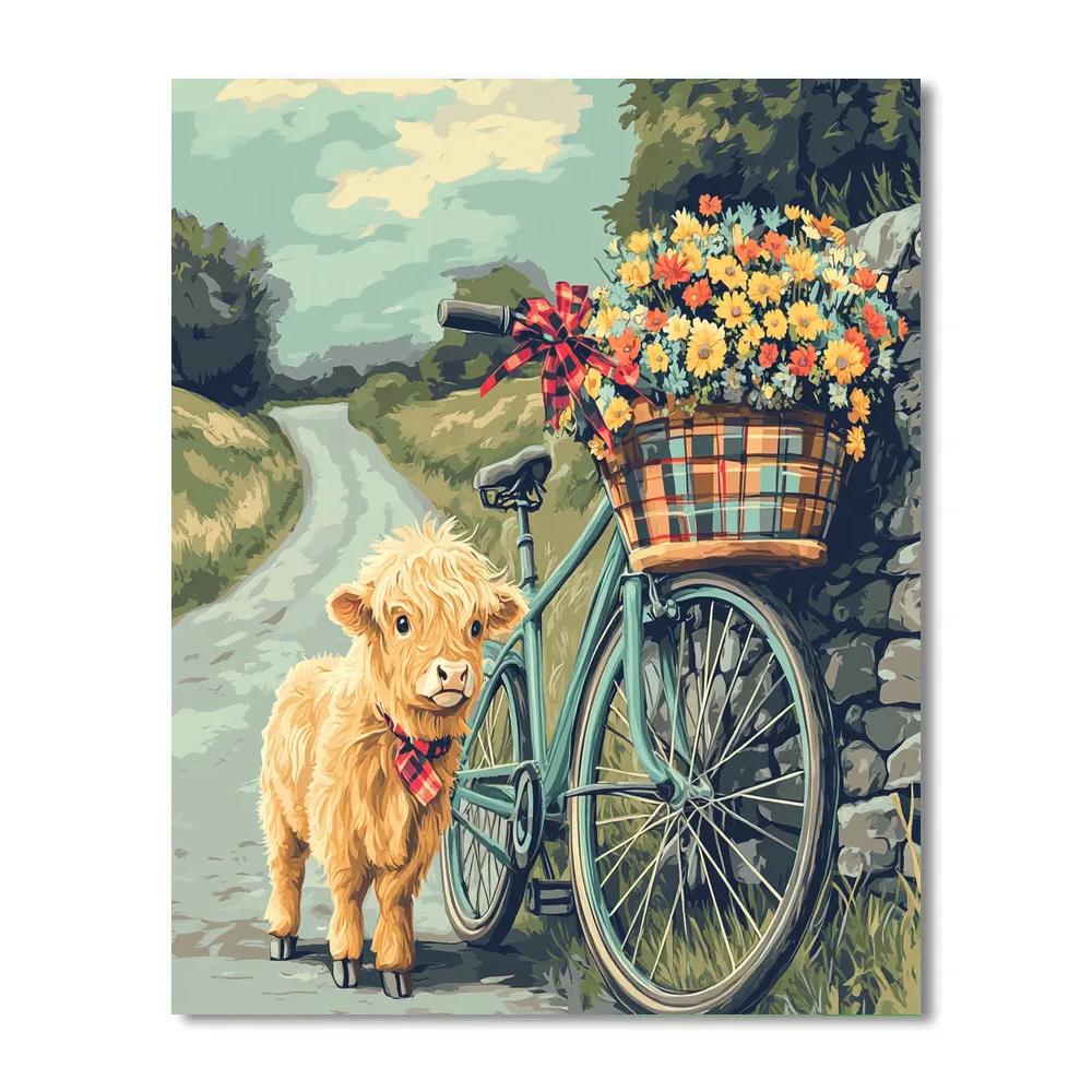 Highland Cow In Wildflower Bicycle Basket painting number kit