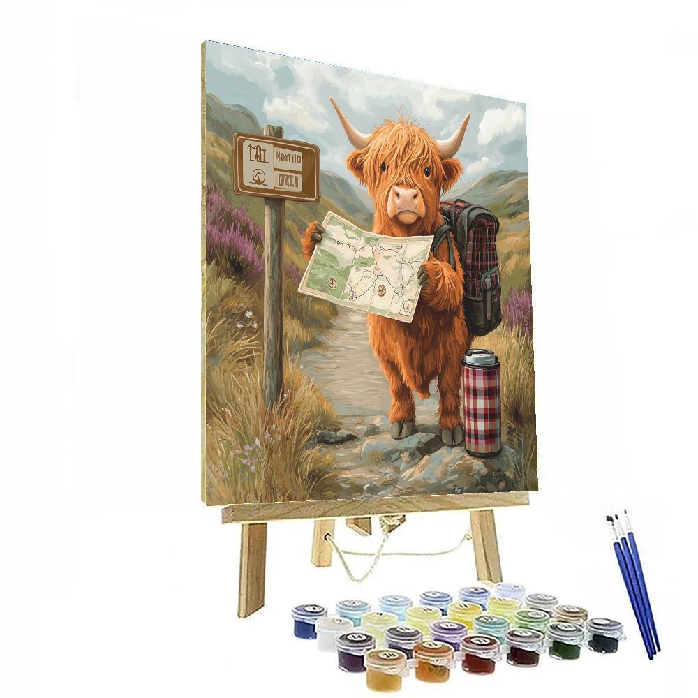 Highland Cow Reading Map At The Trailhead painting number kit