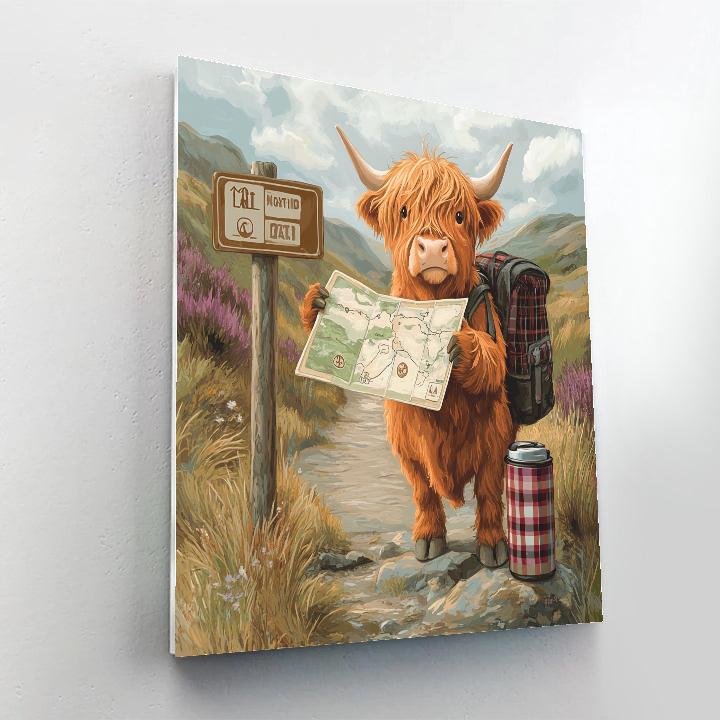 Highland Cow Reading Map At The Trailhead painting number kit