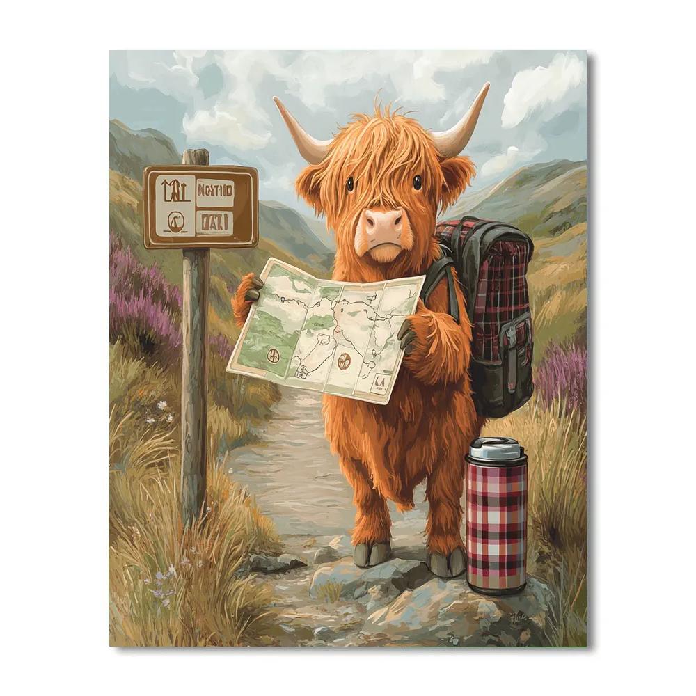 Highland Cow Reading Map At The Trailhead painting number kit