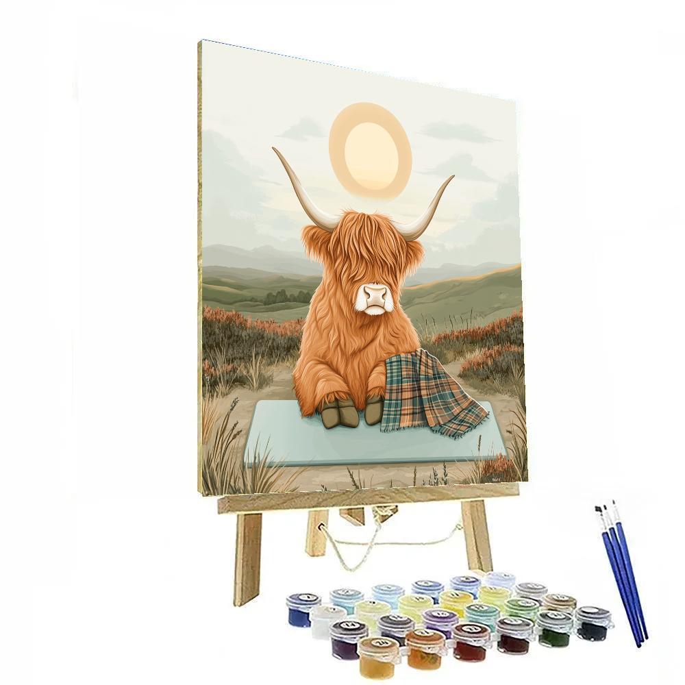 Highland Cow Dawn Yoga On The Moor paint by color