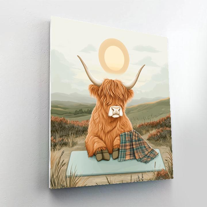 Highland Cow Dawn Yoga On The Moor paint by color