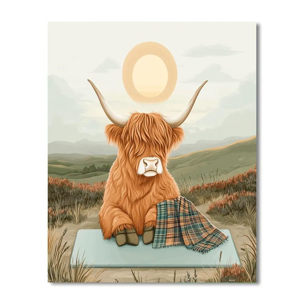 Highland Cow Dawn Yoga On The Moor paint by color