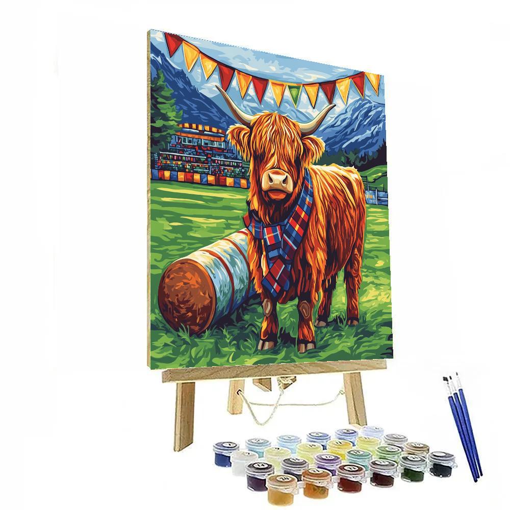 Highland Cow And The Highland Games Caber Field Painting by numbers kit