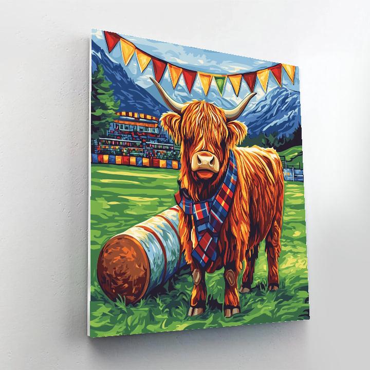 Highland Cow And The Highland Games Caber Field Painting by numbers kit