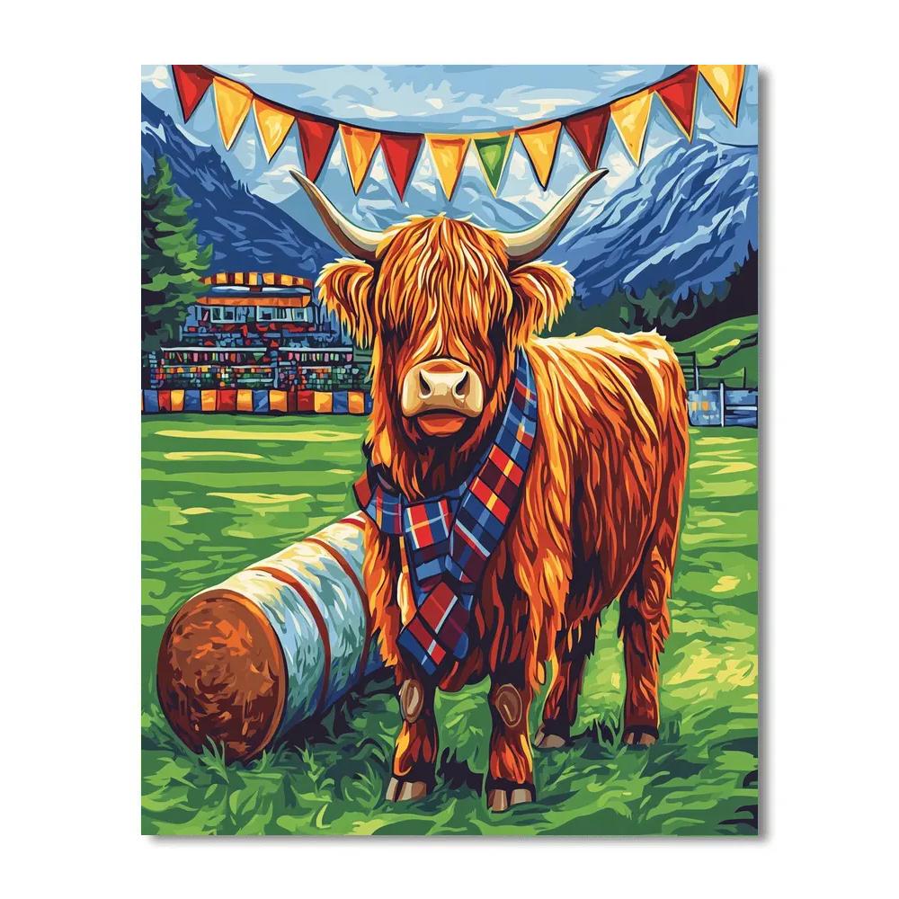 Highland Cow And The Highland Games Caber Field Painting by numbers kit