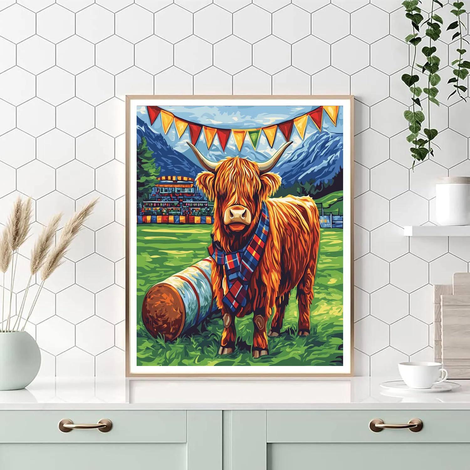 Highland Cow And The Highland Games Caber Field Painting by numbers kit