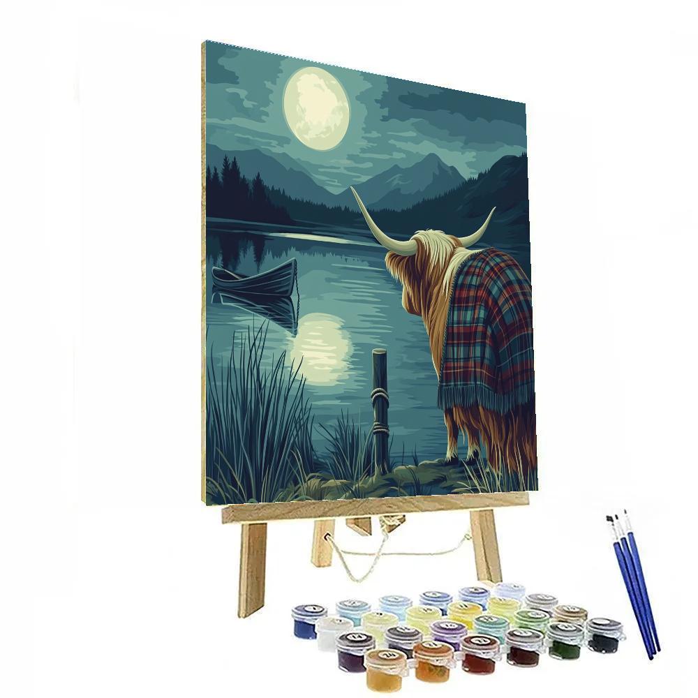 Highland Cow Moonlit Loch Reflection Scene DIY paint by numbers