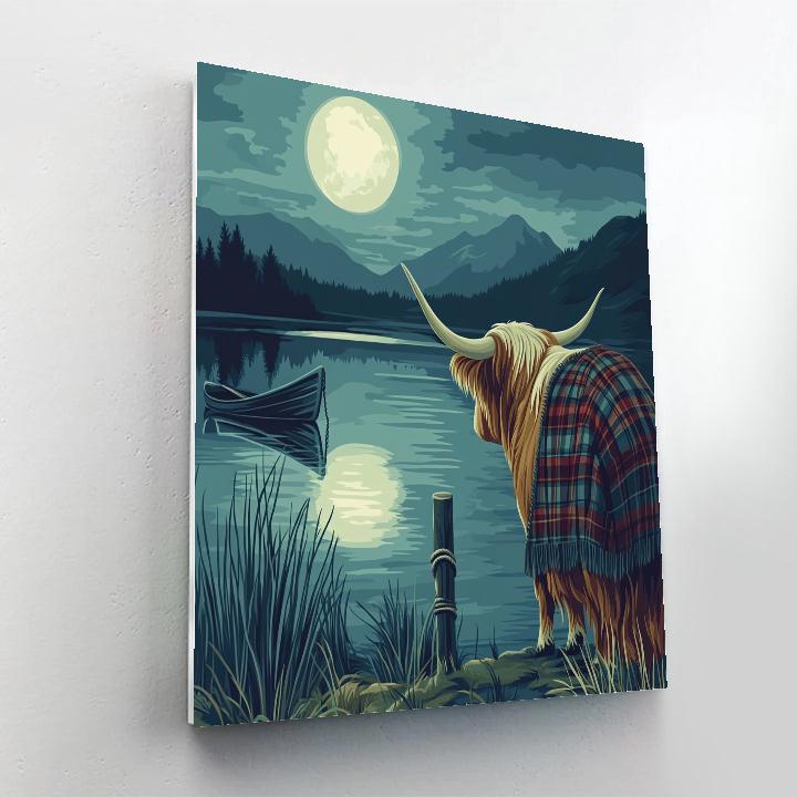 Highland Cow Moonlit Loch Reflection Scene DIY paint by numbers