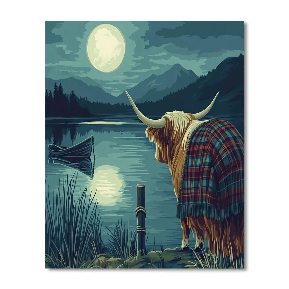 Highland Cow Moonlit Loch Reflection Scene DIY paint by numbers