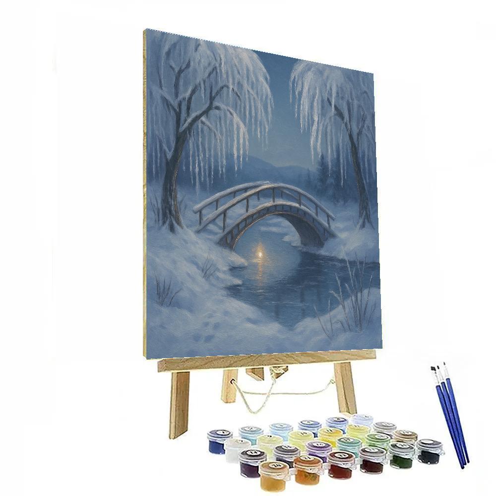 Moonlit Willow Bridge Over Glassy Ice paint by color