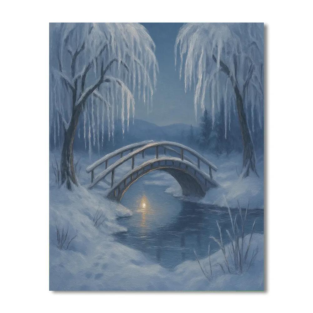 Moonlit Willow Bridge Over Glassy Ice paint by color
