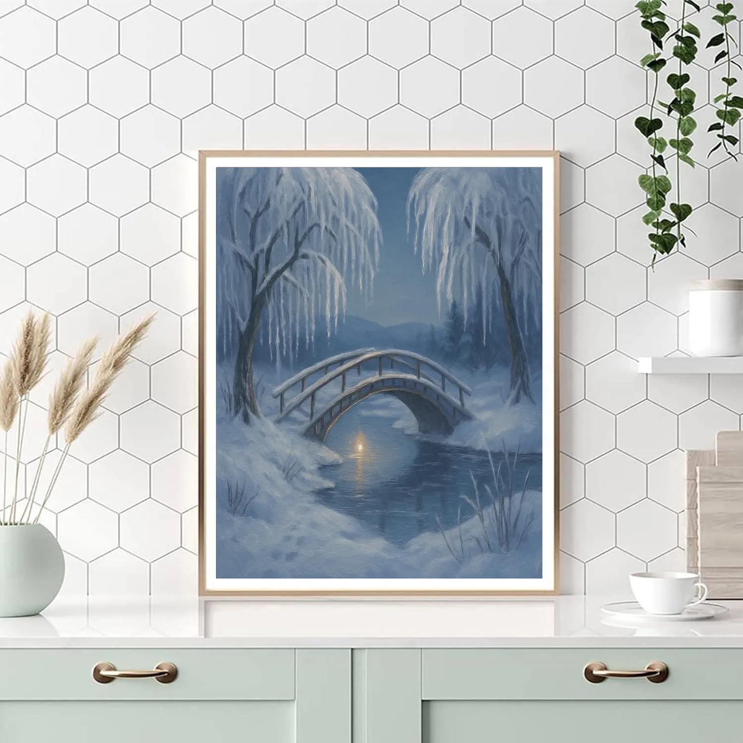 Moonlit Willow Bridge Over Glassy Ice paint by color