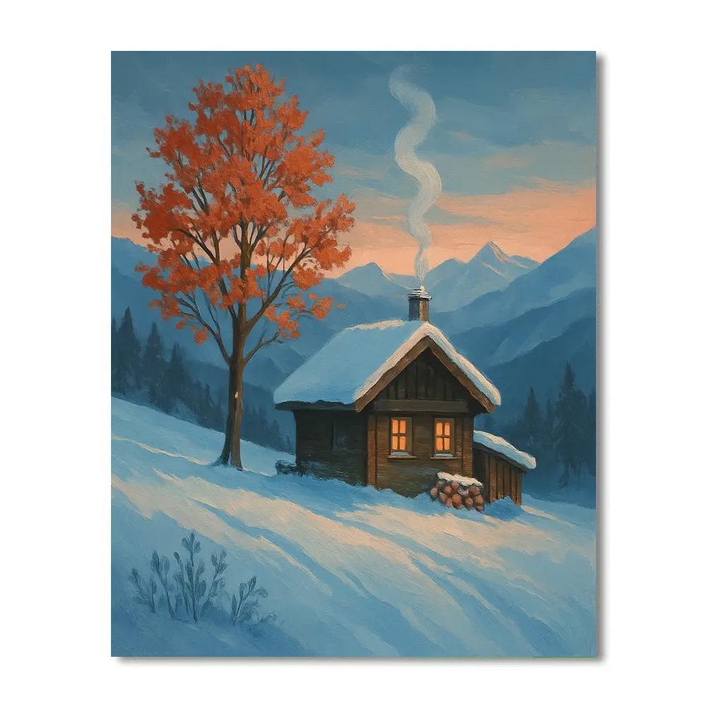Sunrise Smoke Over The Alpine Maple Chalet Painting by numbers kit
