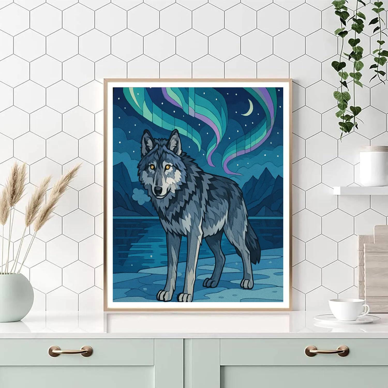Aurora Wolf Over The Icebound Fjord Numbered painting kits