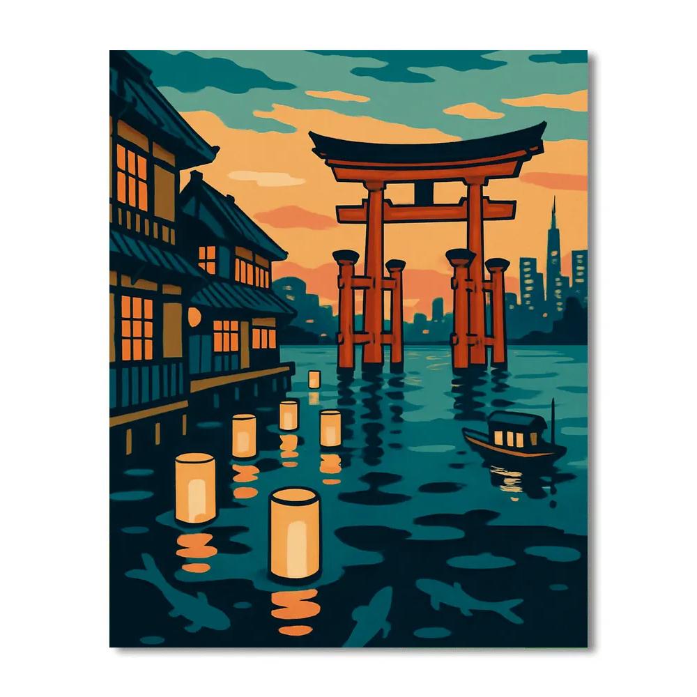 Neon Harbor Lanterns In Japan paint by number