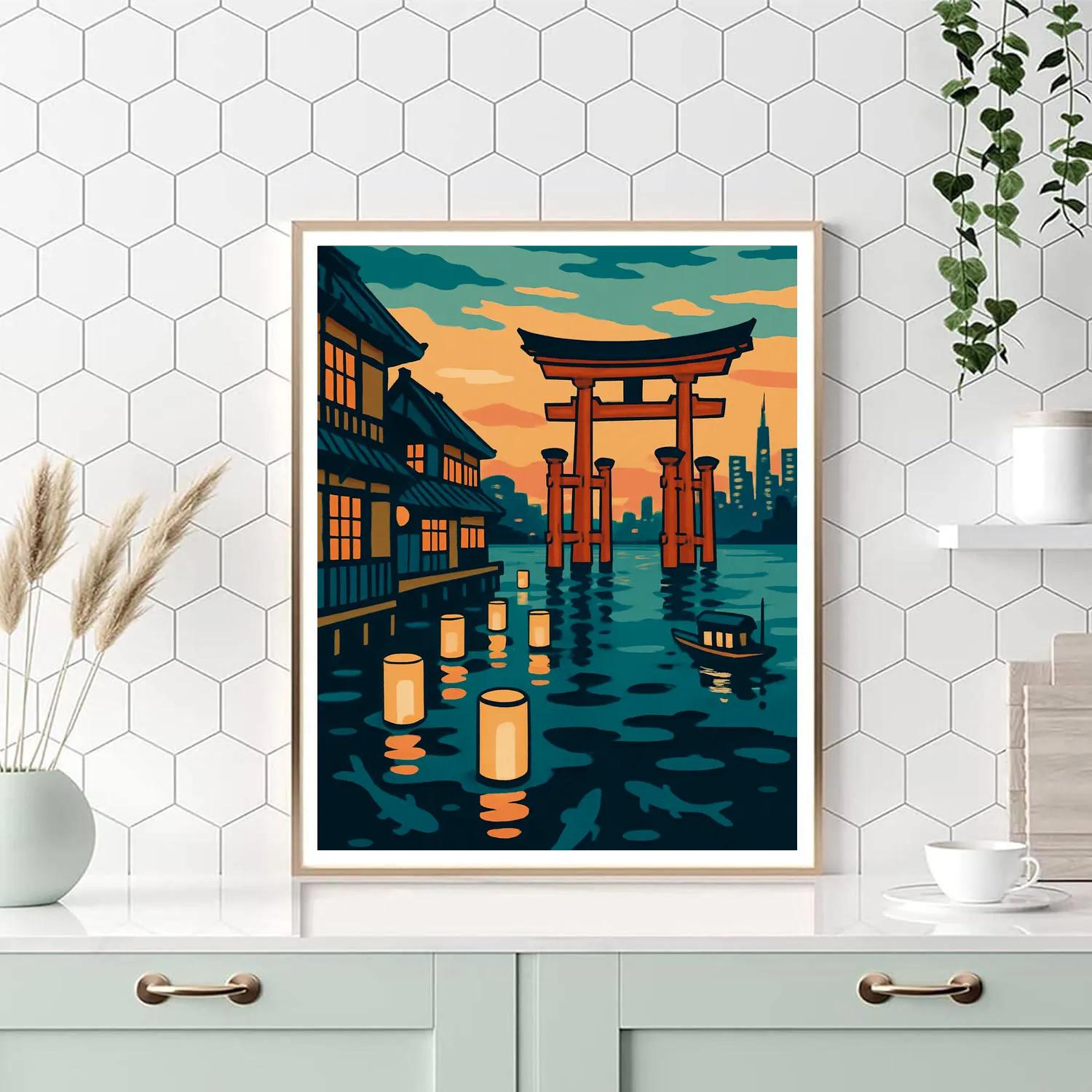 Neon Harbor Lanterns In Japan paint by number