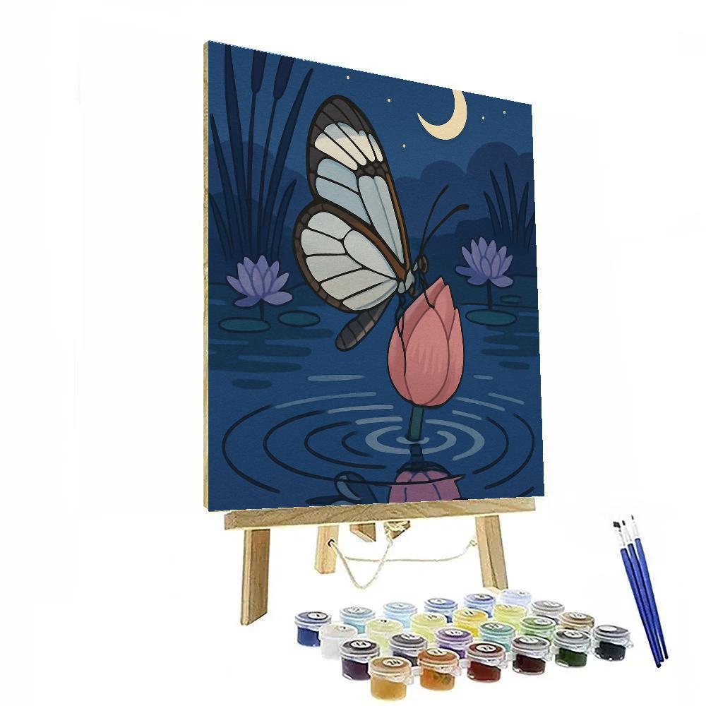 Moonlit Lotus Lagoon Butterfly Reflection paint by number