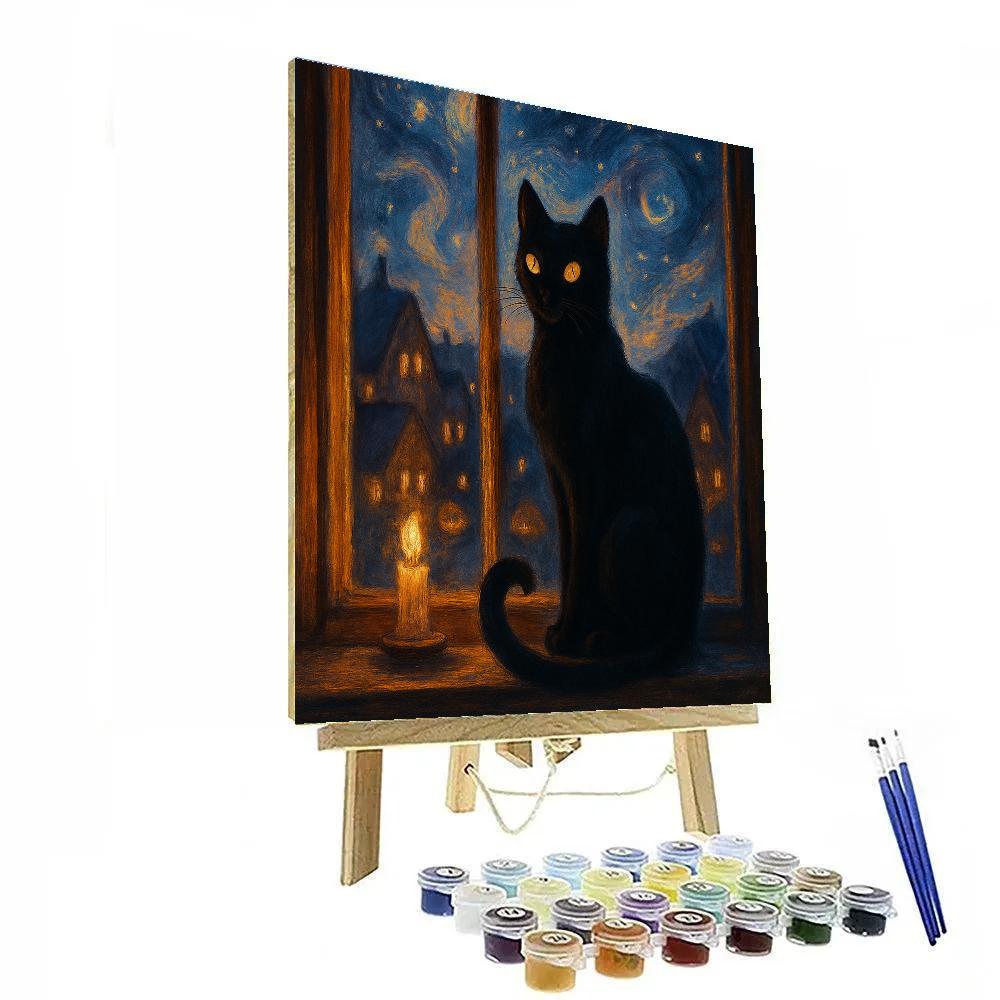 Black Cat On The Window Sill Of Stars paint by numbers