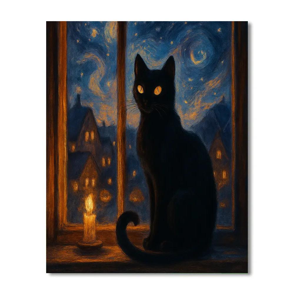 Black Cat On The Window Sill Of Stars paint by numbers
