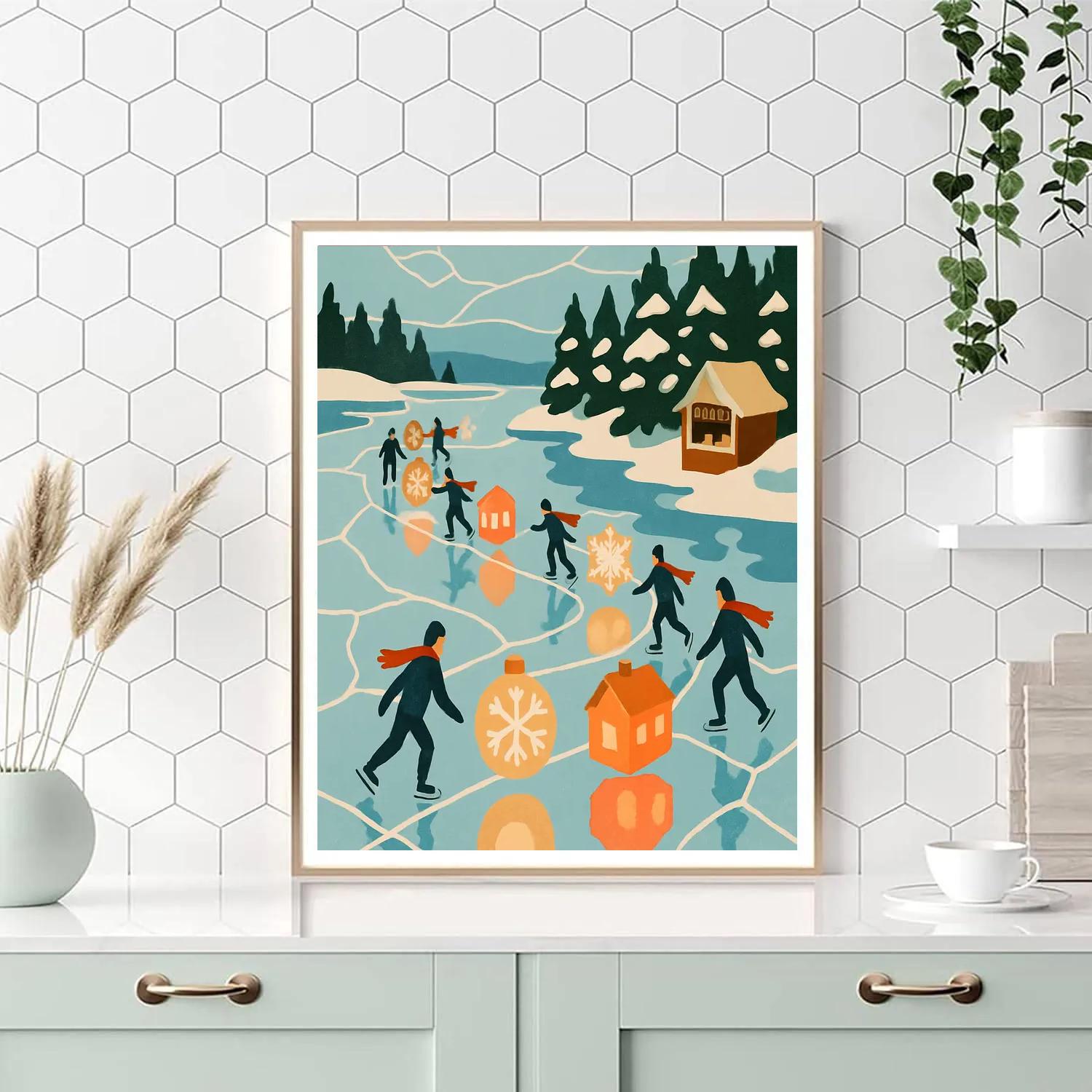 Lantern Parade Across The Lake In Winter Number painting