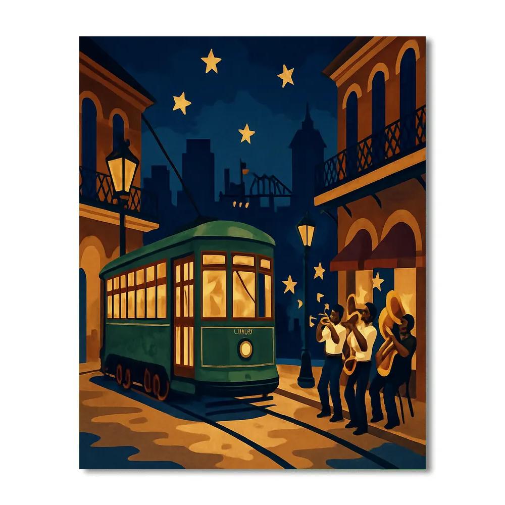 Jazz Streetcar With USA Midnight Skyline Painting by numbers kit