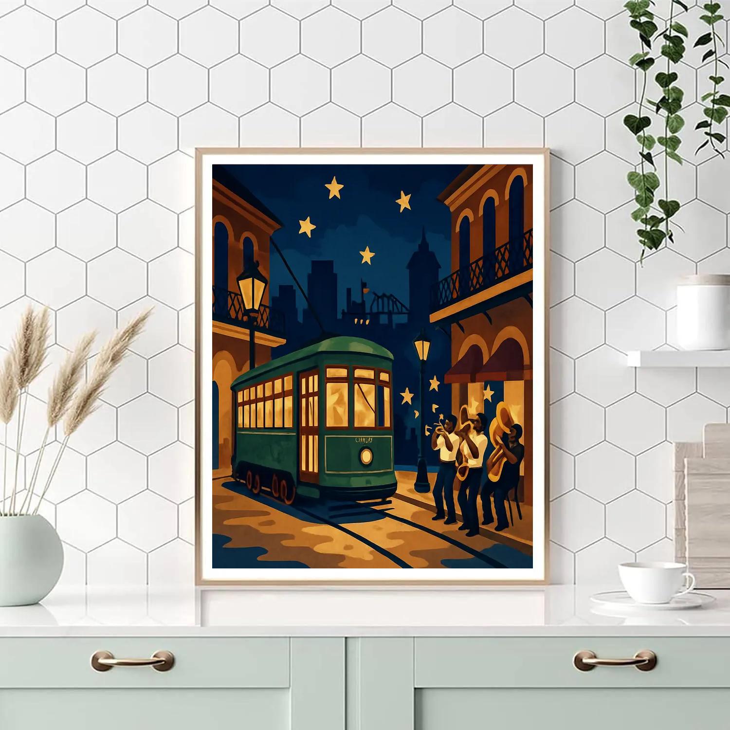 Jazz Streetcar With USA Midnight Skyline Painting by numbers kit
