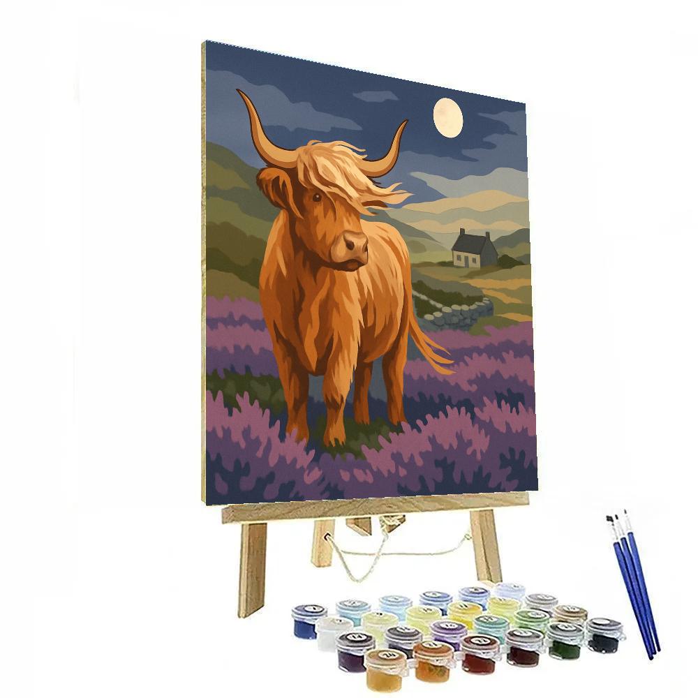 Highland Cow Under The Heather Moon Painting by numbers kit