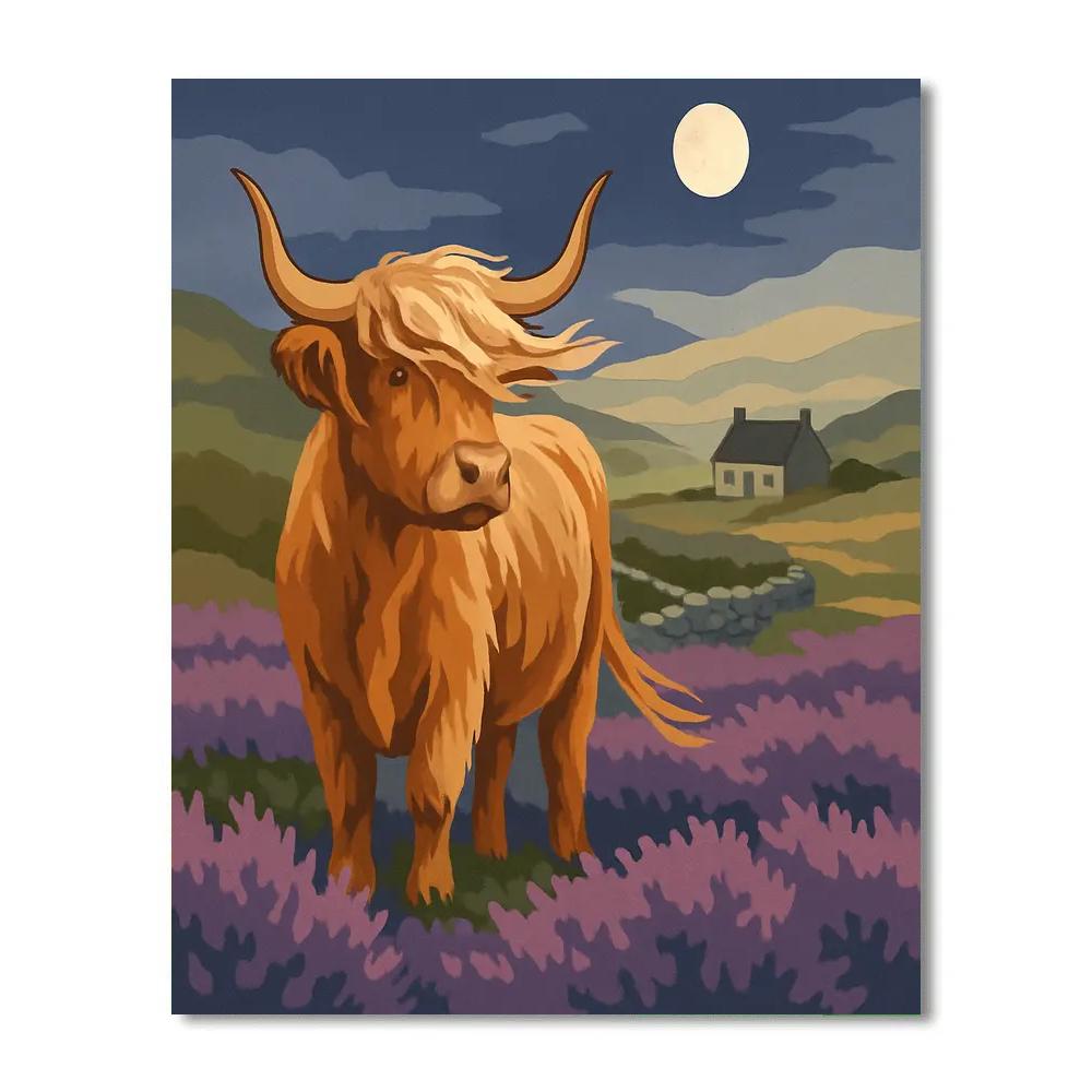 Highland Cow Under The Heather Moon Painting by numbers kit