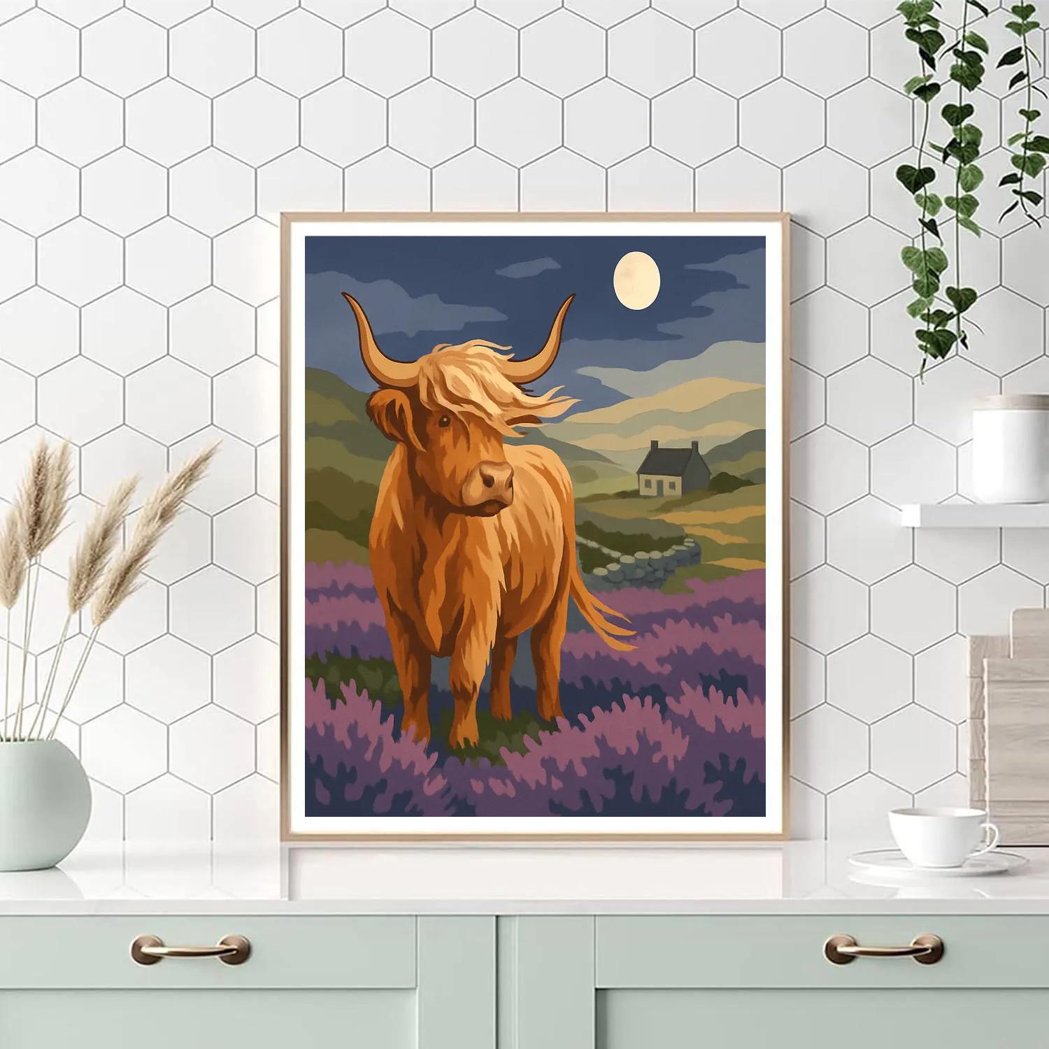 Highland Cow Under The Heather Moon Painting by numbers kit