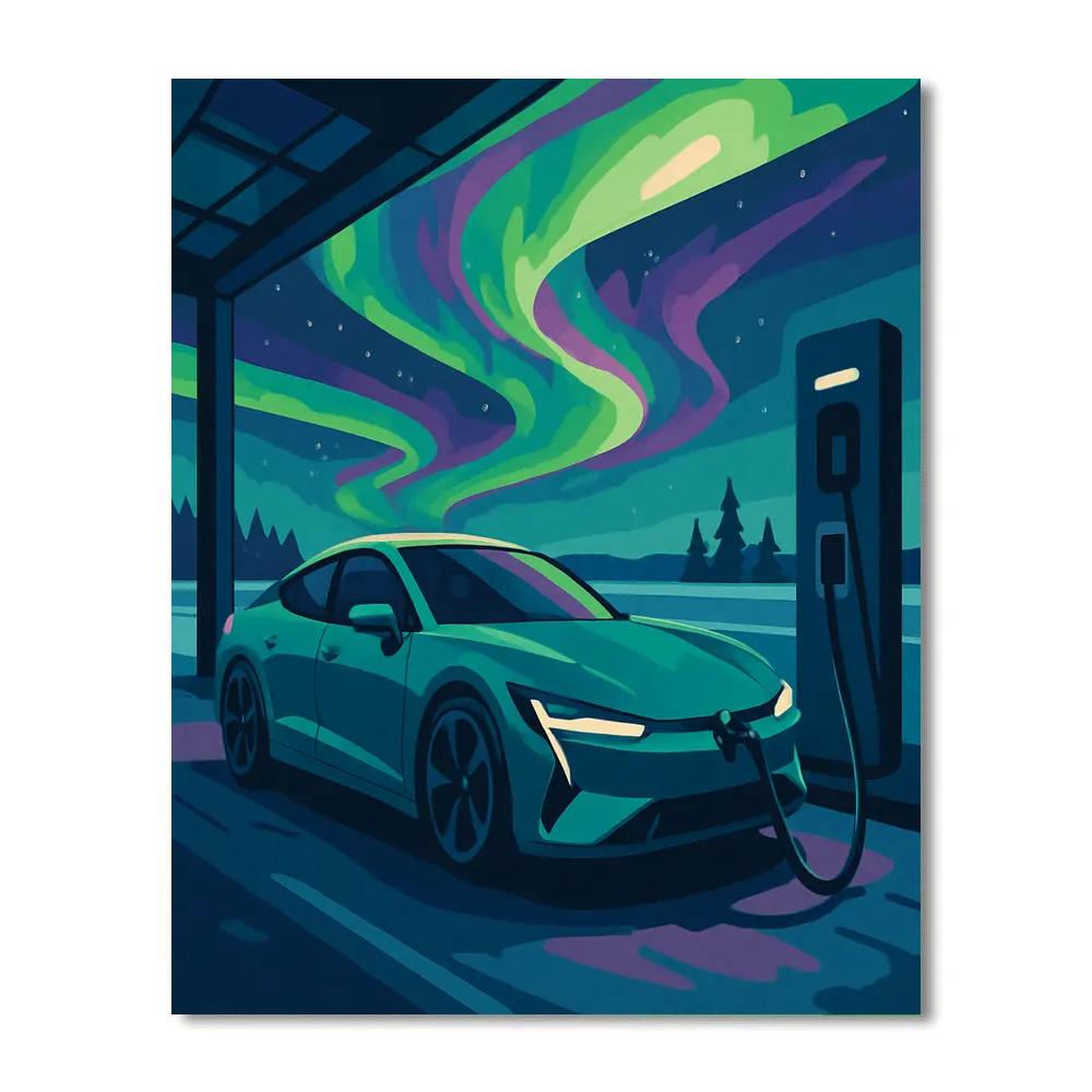 Cars Under The Aurora Service Bay paint by numbers