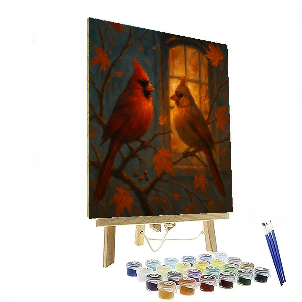 Autumn Window Glow With Velvet Cardinals paint by numbers