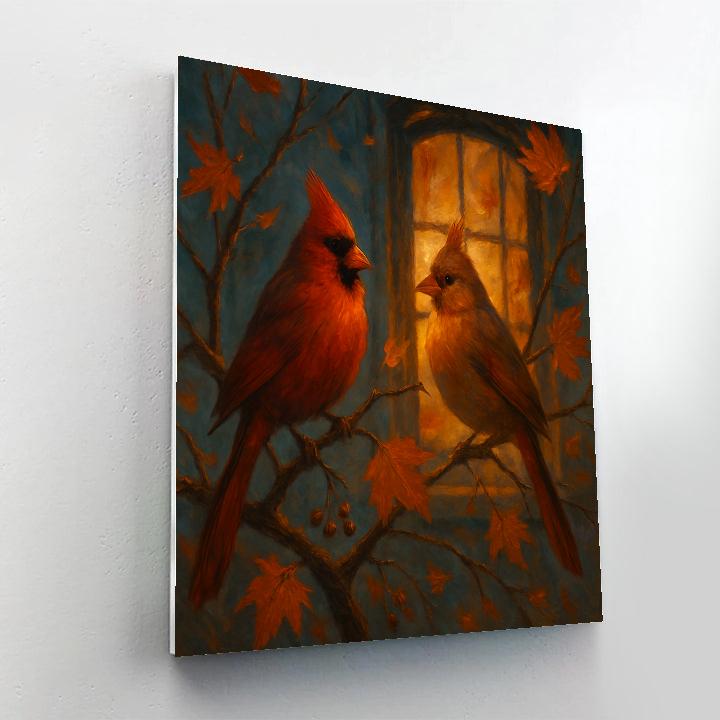 Autumn Window Glow With Velvet Cardinals paint by numbers
